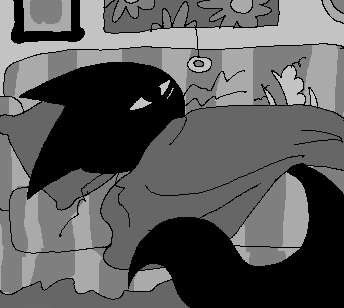 A grayscale illustration of Daisy, who is a black cat with one eye. They are laying on the couch with only their head and tail sticking out of a blanket.